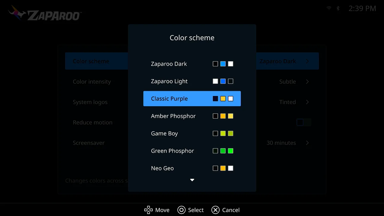 Color scheme picker showing a three-color swatch for each preset