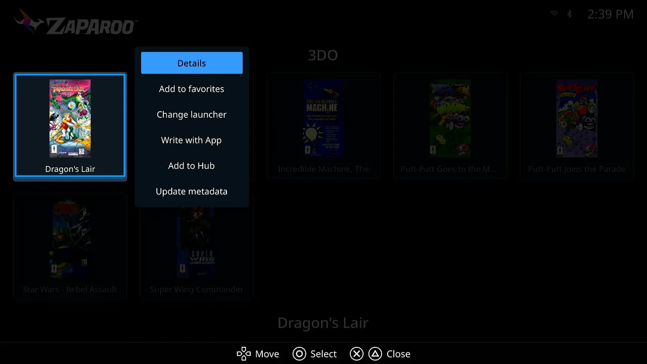Options menu on a game, with Details, Add to favorites, Change launcher, Write with App, Add to Hub, and Update metadata