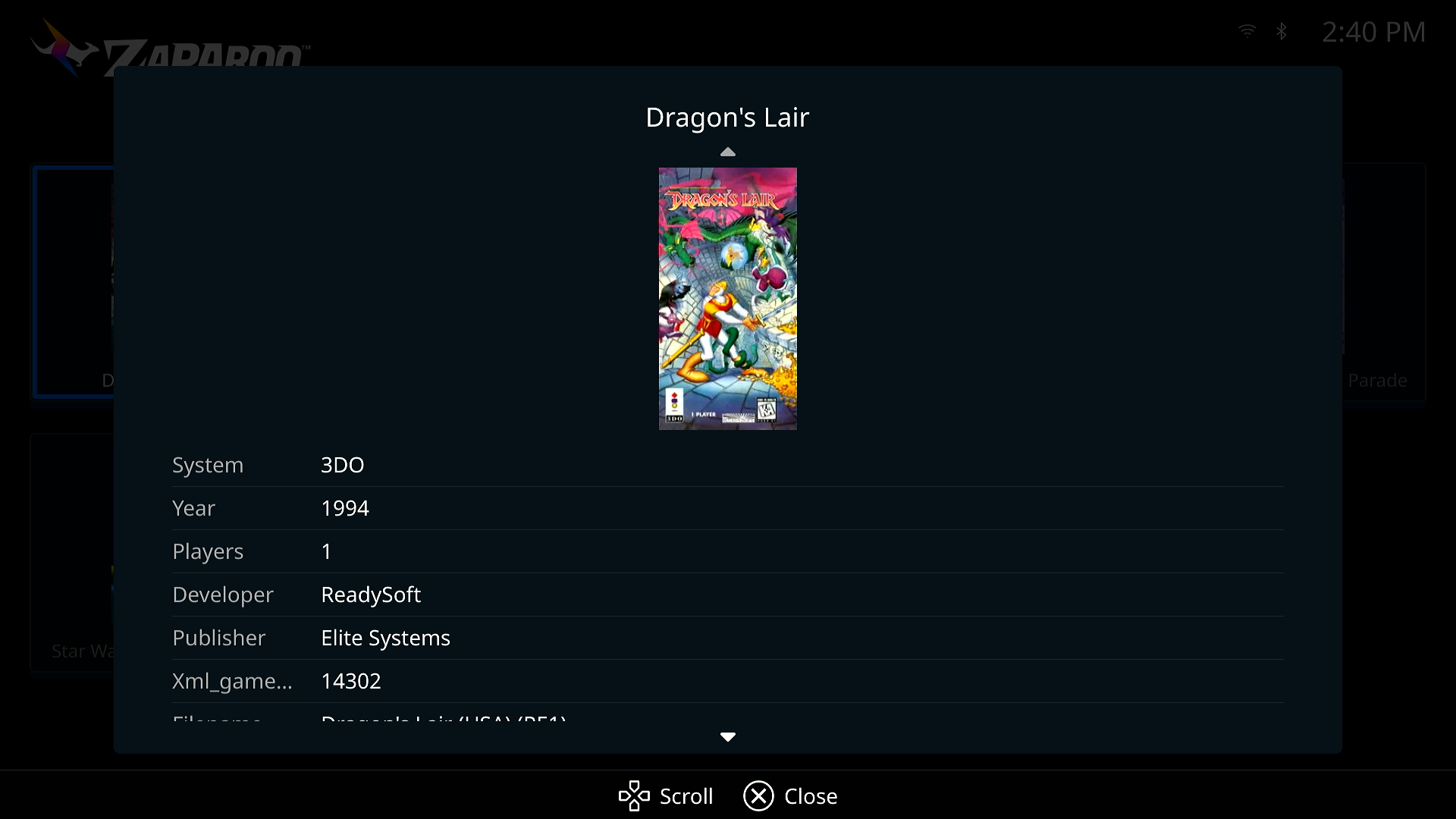 Game details dialog with box art and a metadata table