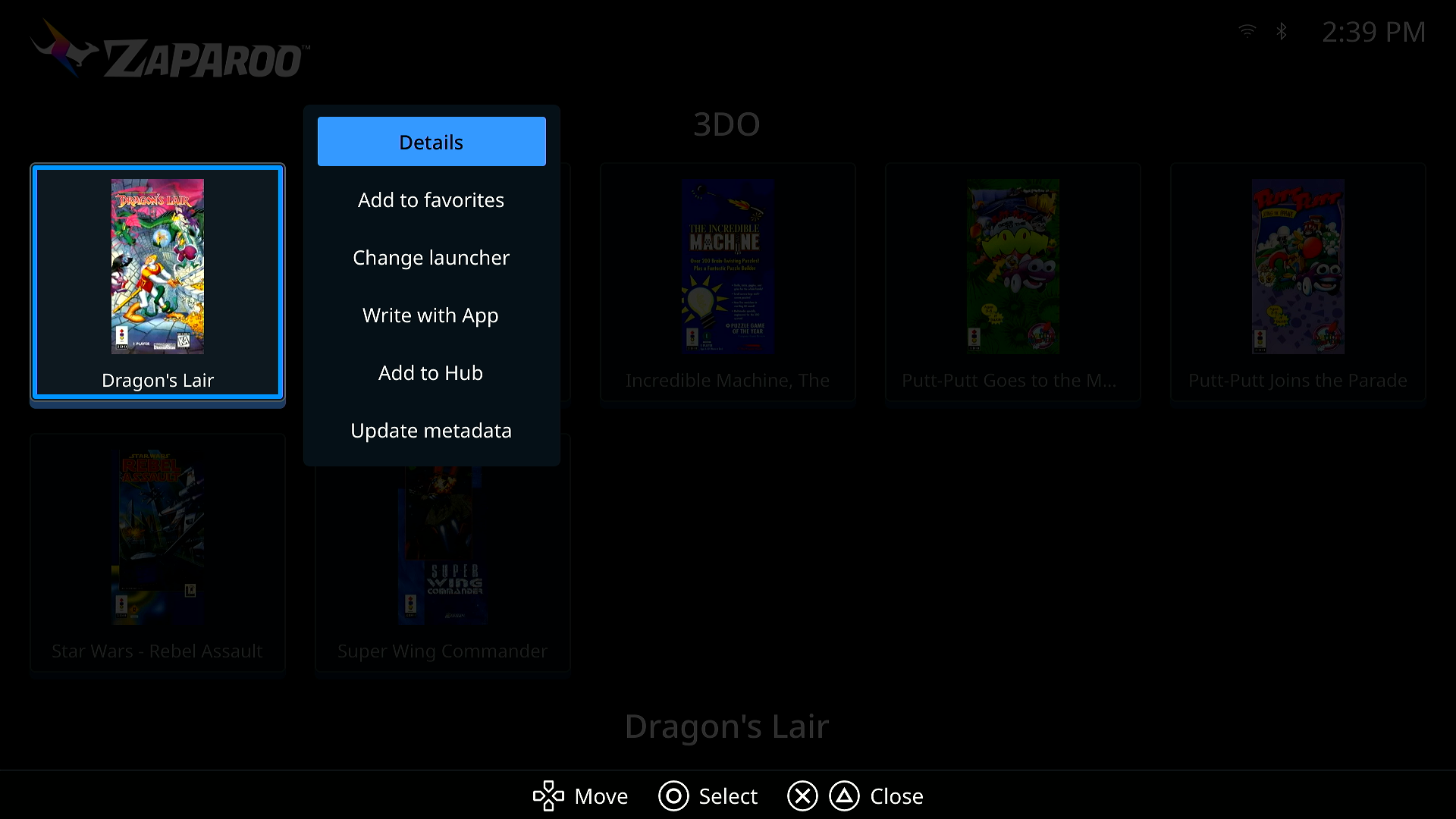 Game options menu with Details first, then Add to favorites, Change launcher, Write with App, Add to Hub, and Update metadata
