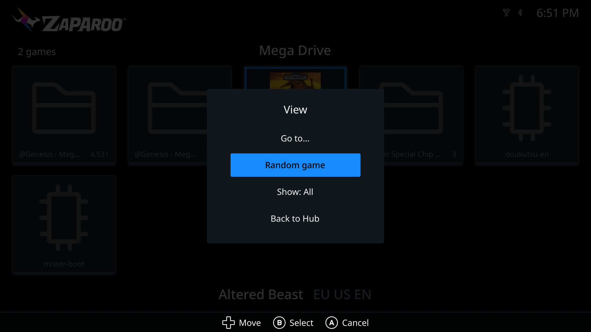 Games View menu with Go to, Random game, Show, and Back to Hub