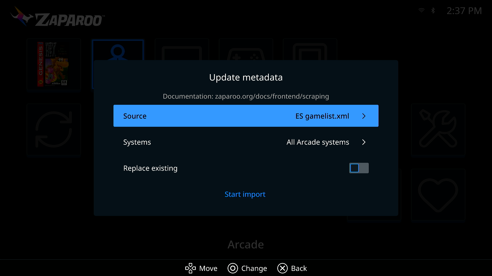 Update metadata dialog with Source, Systems, Replace existing, and Start import