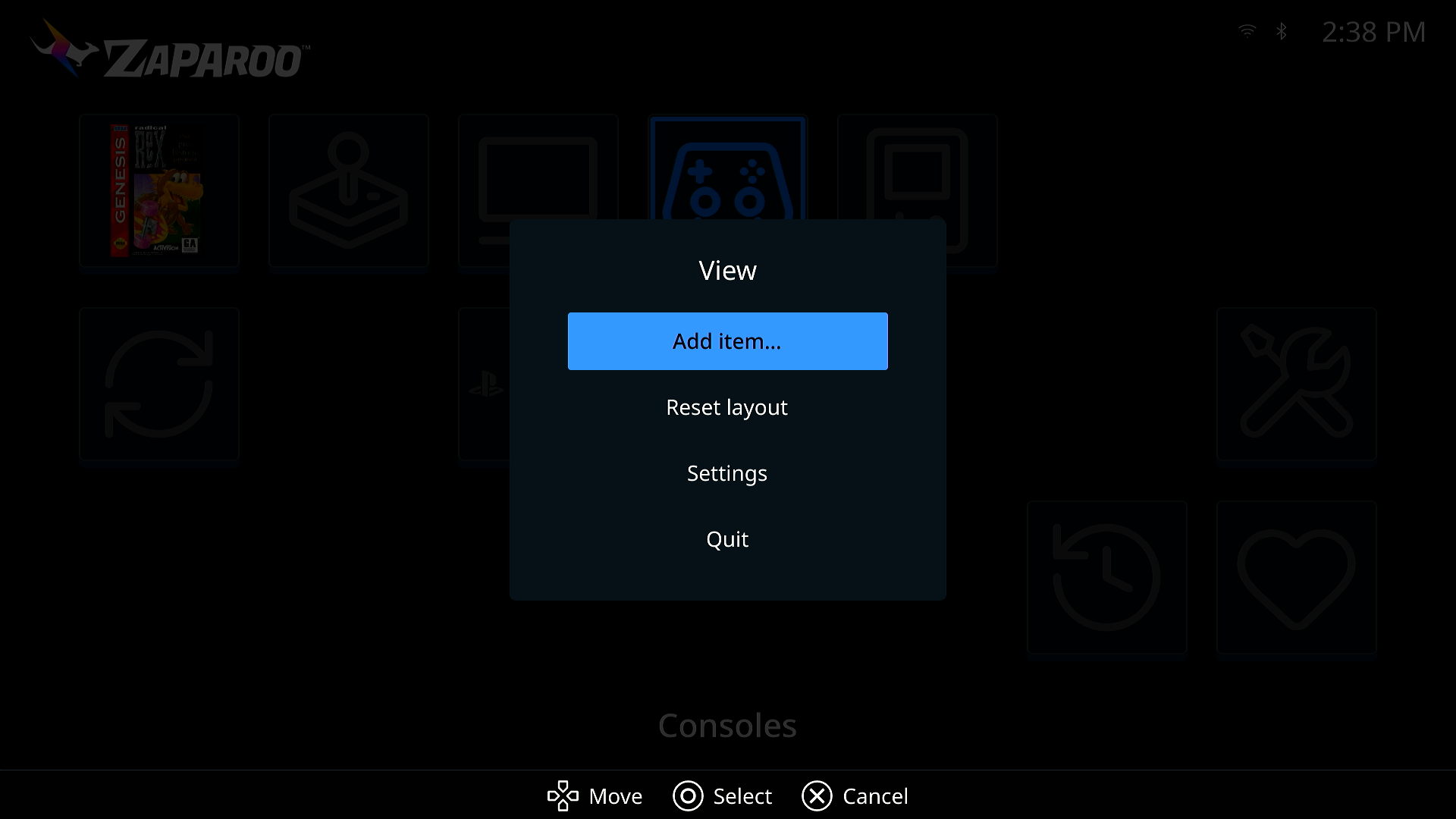 Hub View menu with Add item and Reset layout