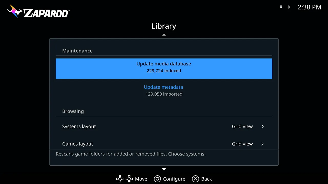 Library settings with Update media database and Update metadata