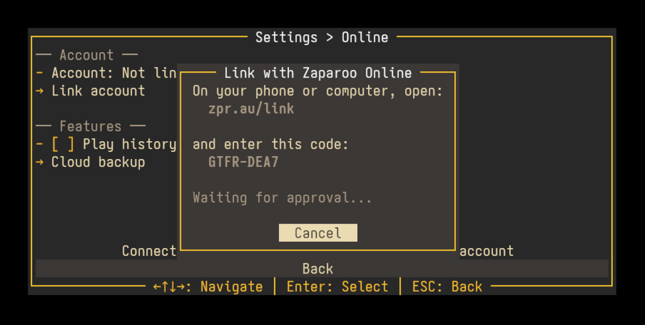 Core Settings Online screen showing the linking URL and a one-time code