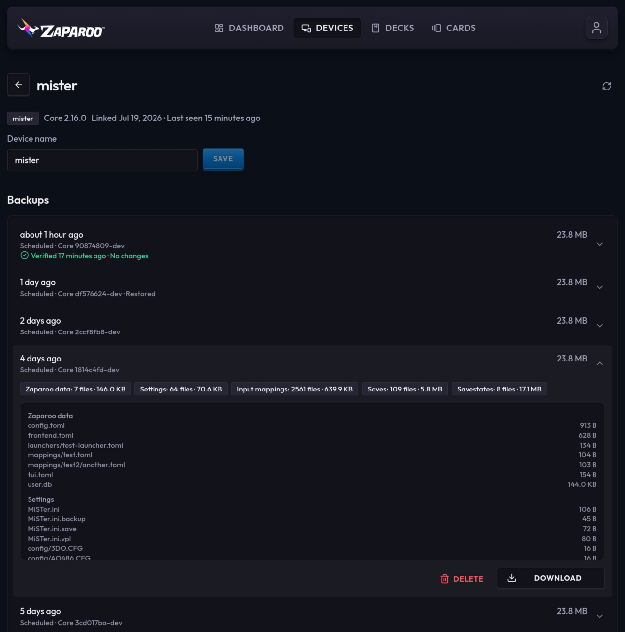 Expanded Zaparoo Online snapshot showing backup categories, files, and download and delete controls