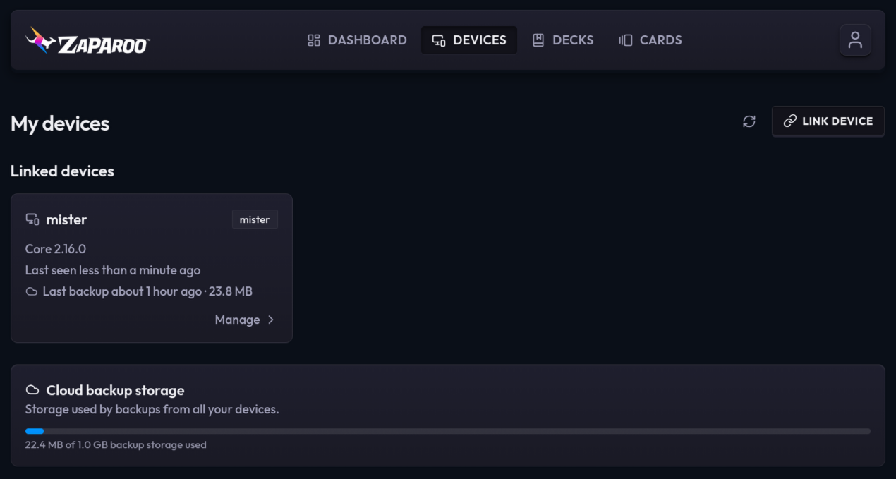 Zaparoo Online devices page showing a linked MiSTer, latest backup, and cloud storage use