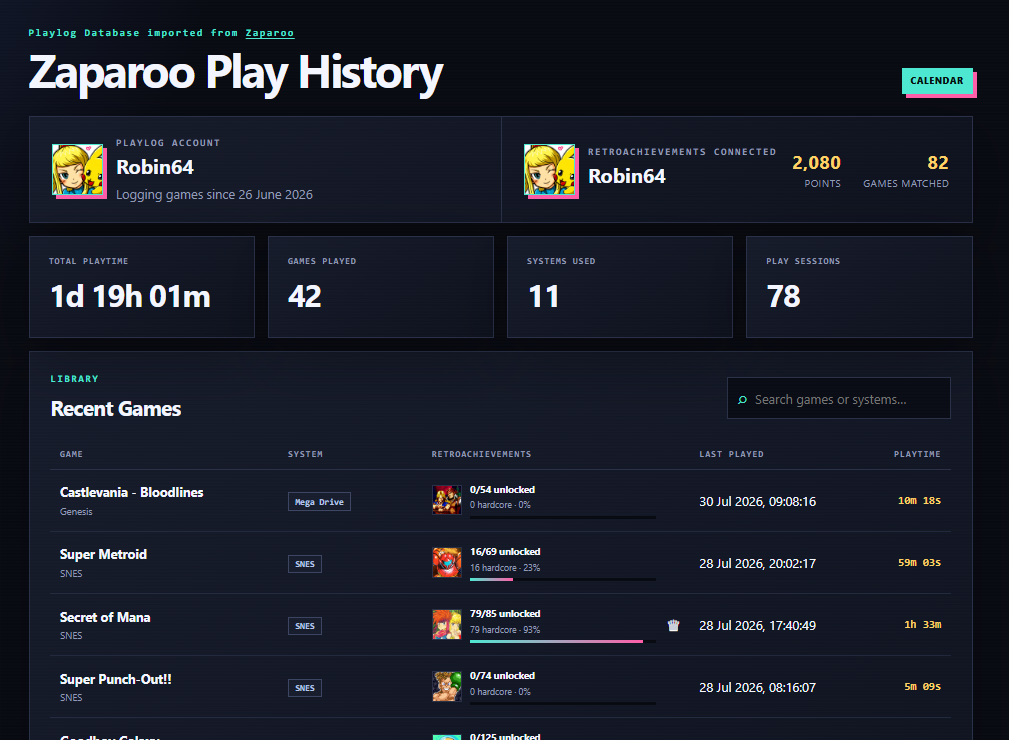 MiSTer Playlog Viewer showing Zaparoo play history, total playtime, systems, sessions, and recent games