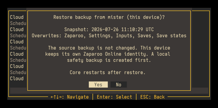 Core restore confirmation listing Zaparoo data, settings, inputs, saves, and save states from a cloud snapshot