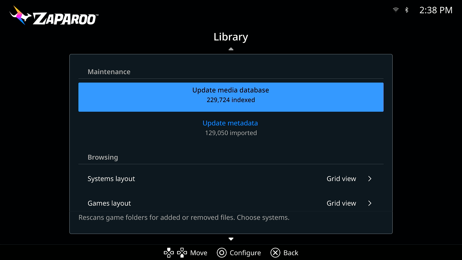 Library settings with Update media database and Update metadata