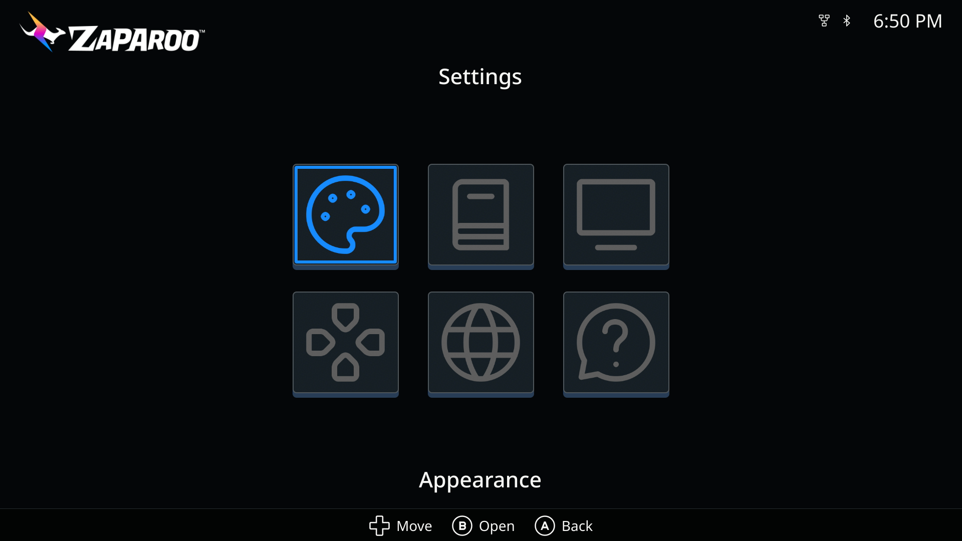 Settings home with six categories