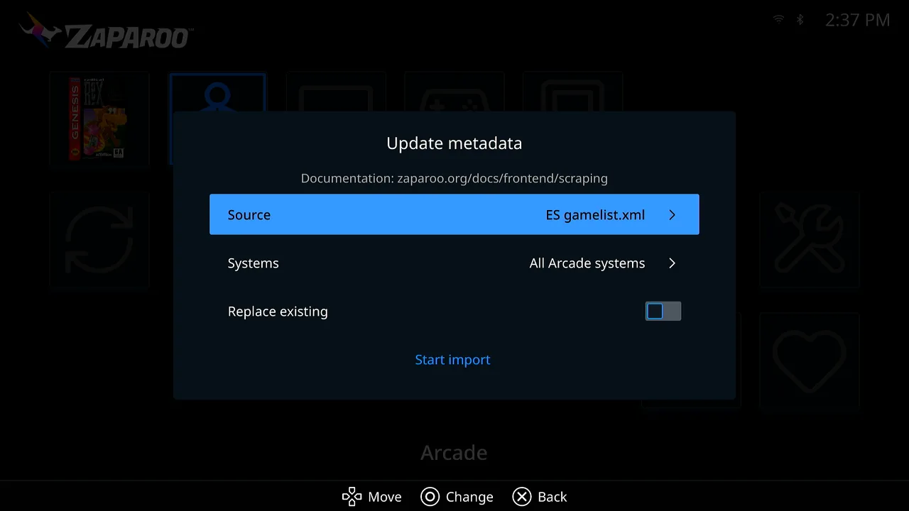 Update metadata dialog with Source, Systems, Replace existing, and Start import