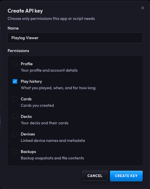 Zaparoo Online Create API key dialog with Play history selected and other read-only permissions