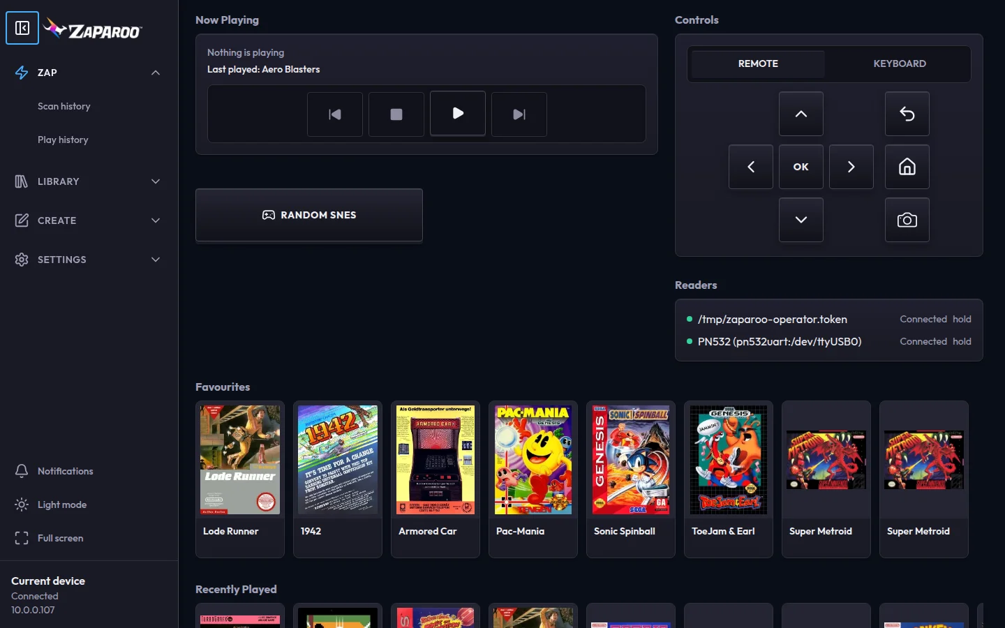 The Zap page in a desktop-sized window, with the full sidebar on the left