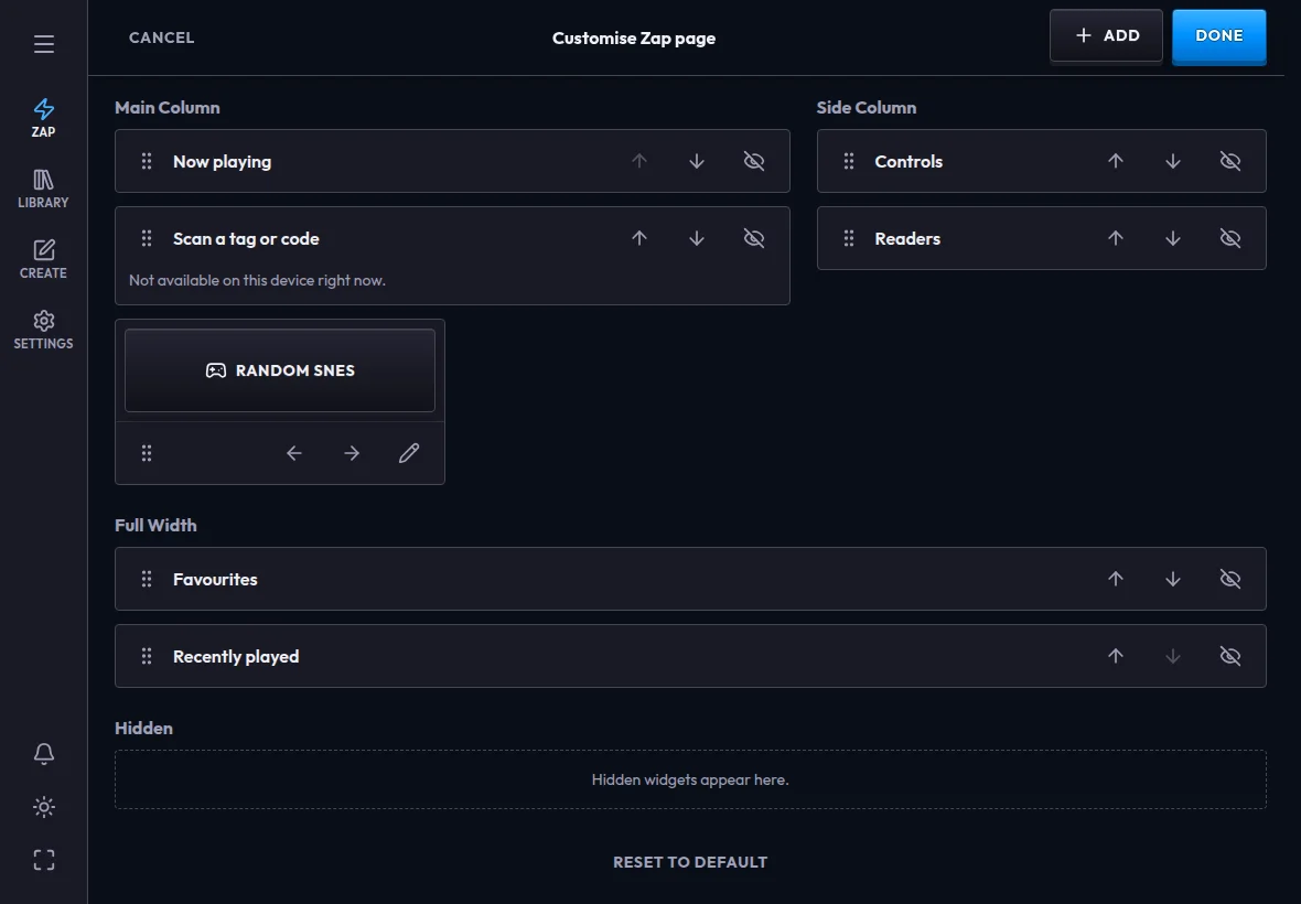 The Customize Zap page editor on a tablet, with the Main column, Side column, Full width, and Hidden areas and a custom button
