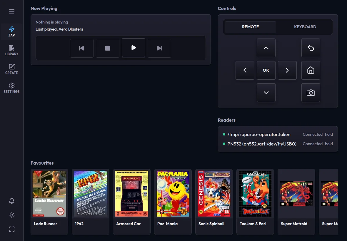 The Zap page on a tablet, with an icon rail on the left, Now Playing and Controls side by side, and a row of Favorites below