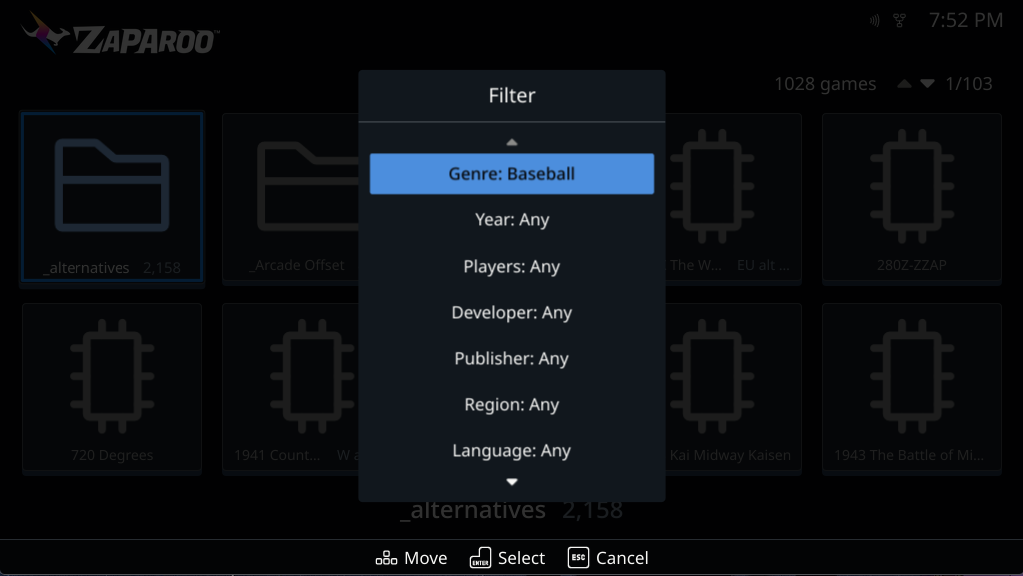 Frontend Filter panel with Baseball selected for Genre and options for year, players, developer, publisher, region, and language
