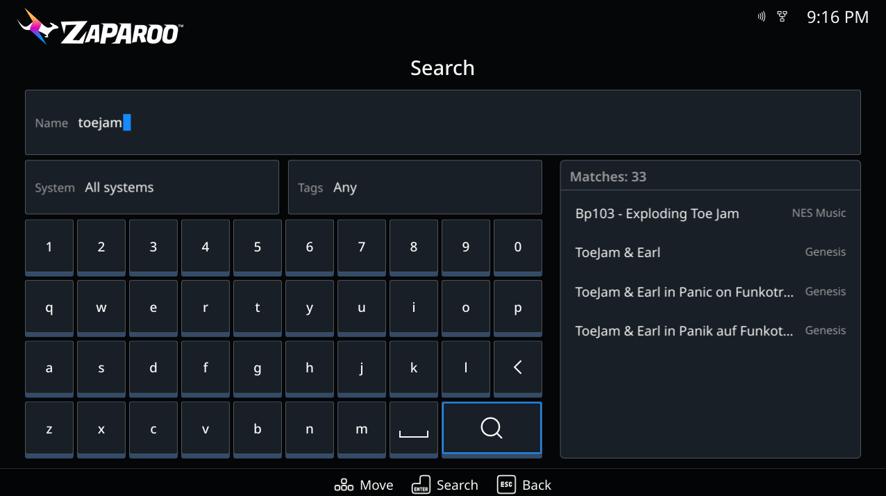 Frontend Search screen with toejam typed on the on-screen keyboard and matching games listed beside it